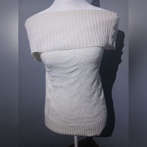 Deb Off‑Shoulder Cable Knit Sweater White Cream Women’s Size 8 Ribbed Foldover